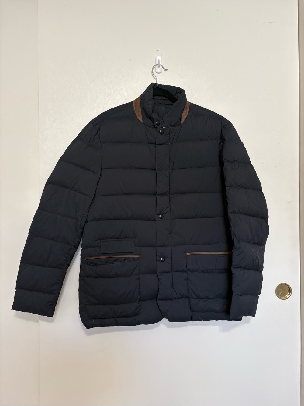 Massimo Dutti Black Quilted Puffer Jacket with Brown Trim Feather Down size L